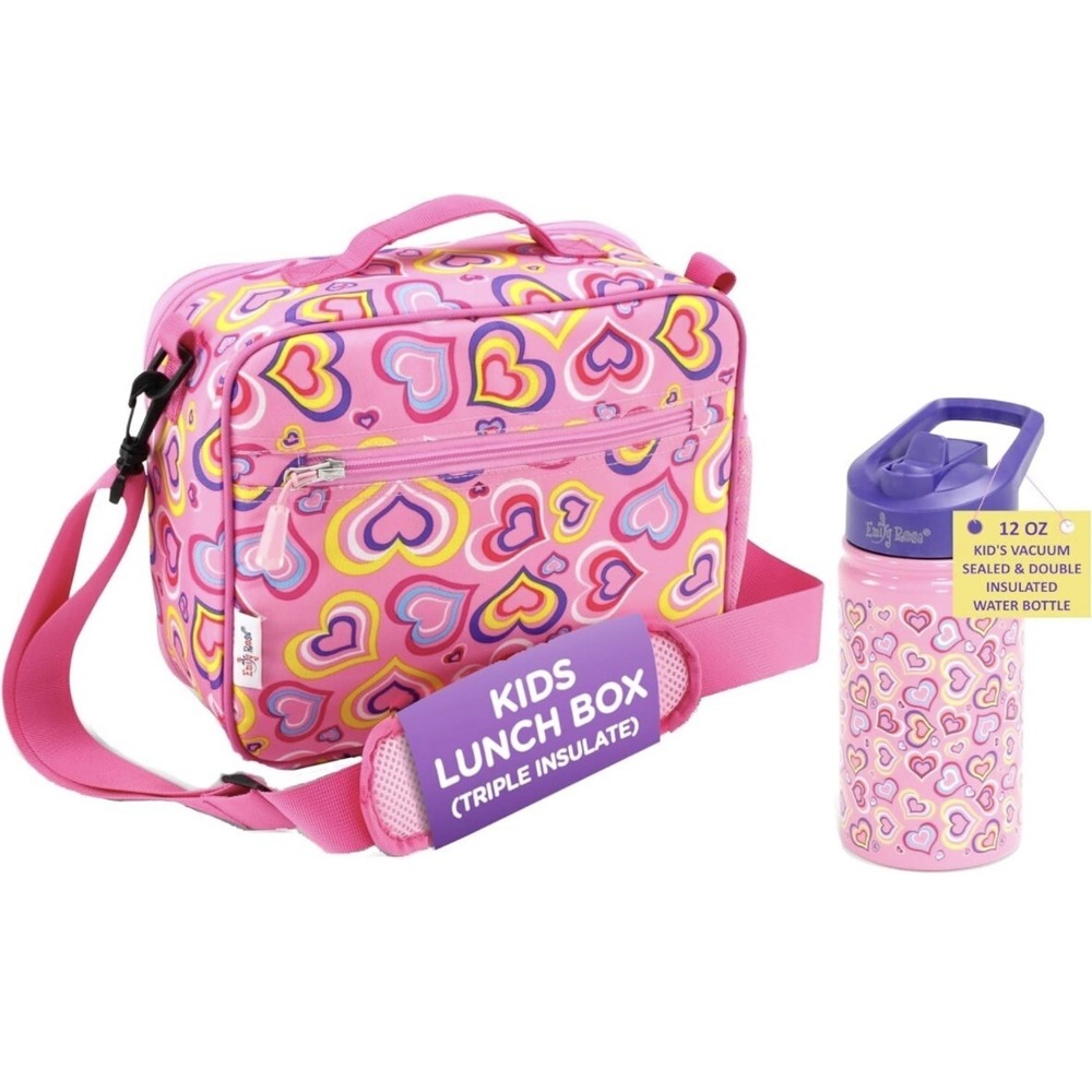 NEW Emily Rose Lunch Box‎ W/ Strap Pink Playful Hearts Stainless Water Bottle
